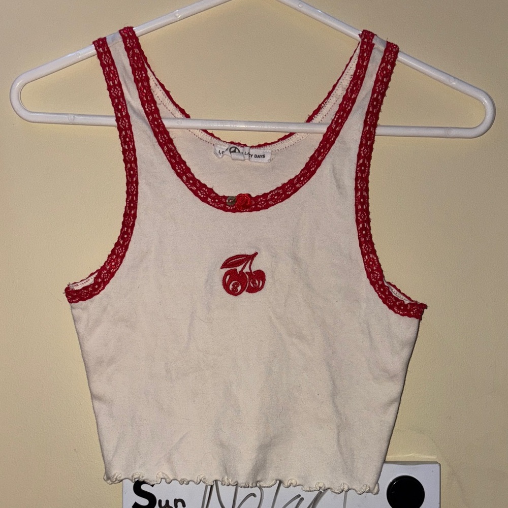 Chic Cherry Embroidered Tank Top in Cream and Red